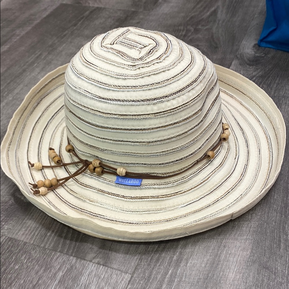 Wallaroo Cream and Brown Wide-Brimmed Sun Hat with Beaded Accent
